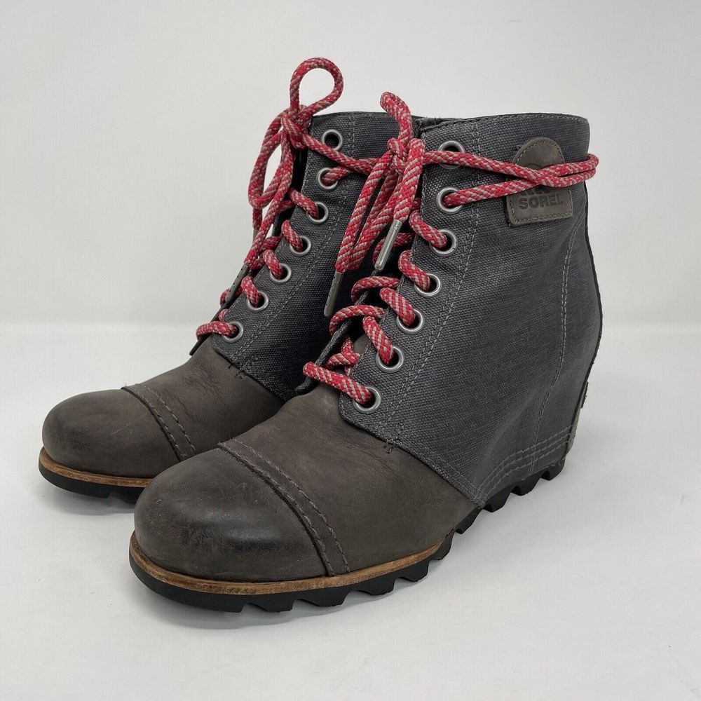 Sorelwomens Pdx Lace-Up Wedge-Heel Boots Charcoal Gray Ankle Bootie Sz 9